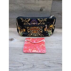 Vintage Embroidered Jewelry/Cosmetics‎ Mini Bags Lot of 2 Pink, Black